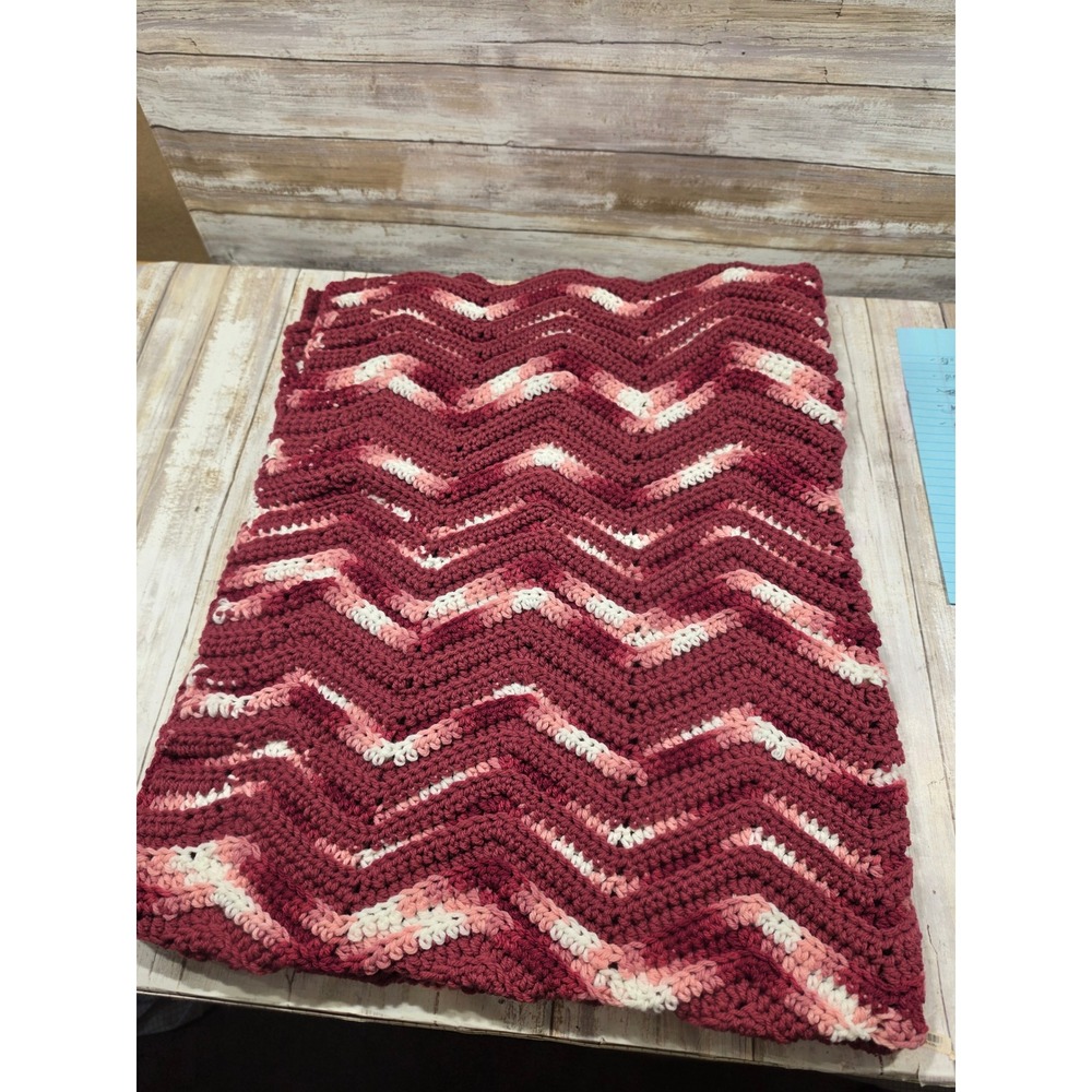 Handmade Crochet‎ Chevron Ripple Blanket Burgundy Rose Cream 36x44 Throw